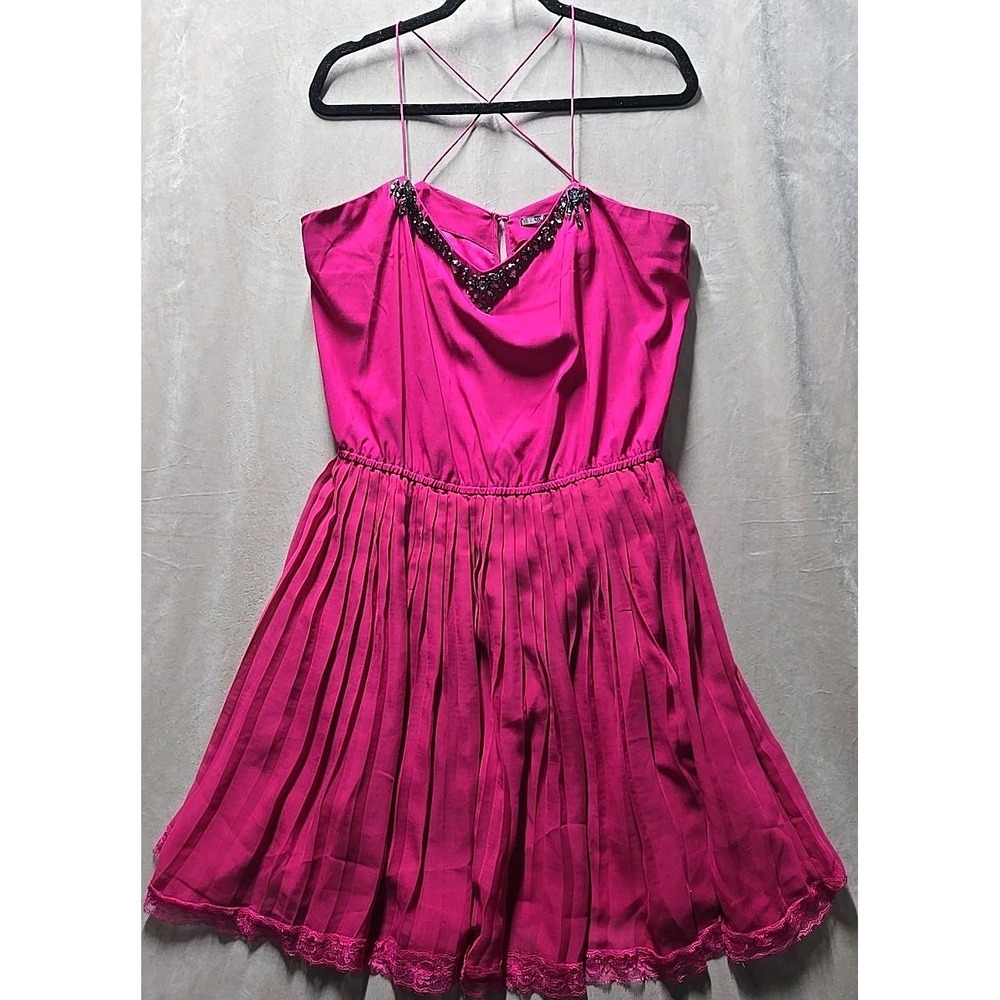 Victorias Secret Dress Women Size Large Magenta Pink Pleated Rhinestone‎ Jewels